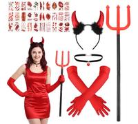 kodinsiivous Women's Devil Costume for Carnival Halloween Cosplay Pack of 5 | Devil Costume Accessory with Devil Horns Gloves Trident Gothic Necklace 30 Stickers Visual Focus at the Party