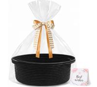 KODOMOORE Black Gift Basket Empty, Small Baby Shower Basket for Gifts | Gift Bag & Ribbon Included | 30x20x12 cm | Woven Cotton Rope | Sturdy Handles | Cute Basket for Baby Boy Girl