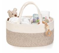 Kodomoore Nappy Caddy - Cotton Rope Baby Storage Basket for Newborn Essentials - Portable Organiser for Changing Table, Nursery or Car - Gift Basket for Baby Shower - White and Beige Brown