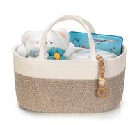 Kodomoore Nappy Caddy - Cotton Rope Baby Storage Basket for Newborn Essentials - Portable Organiser for Changing Table, Nursery or Car - Gift Basket for Baby Shower - White and Beige Brown, Large