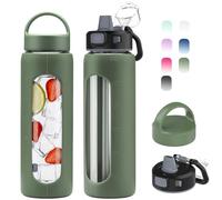 Kodrine 24oz Glass Water Bottle With Straw-2 lids-Reusable Daily Water Intake Glass Bottle with Measurements,Silicone Sleeve, Time Marker, Cupholder Friendly for Home,Gym,Sports-Olive