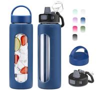 Kodrine 24oz Glass Water Bottle With Straw-2 lids-Reusable Daily Water Intake Glass Bottle with Measurements,Silicone Sleeve, Time Marker, Cupholder Friendly for Home,Gym,Sports-Blue