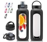 Kodrine Glass Water Bottle 32 oz-Black/Borosilicate Glass Motivational Water Bottle with Straw and 2 Lids,Silicone Sleeve,Time Marker,Dishwasher Safe and BPA Free for Travel,Sports