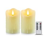 Koelaa 2 Pack Battery Operated Flameless Candles, Realistic 3D Flickering LED Flame with Dripping Wax Effect, Remote Control & Timer for Christmas Wedding Party Home Decor, Festive Candles-7.5x15cm