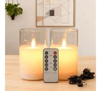 Koelaa 2 Pack Rechargeable Candles, USB LED Flameless Candles with Remote, Realistic Flickering Glass Candle for Christmas Wedding Party Dining Table Home Decor(White, 7.5 * 10cm)