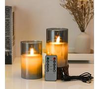 Koelaa LED Flameless Candles, [2 Pack], Rechargeable Candles, Grey Glass Flameless Flickering Candle with Remote, USB Candle, for Christmas, Festivals Decoration-7.5 * 12.5cm