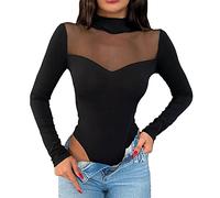 KOEMCY Bodysuit for Women Long Sleeve Bodysuit Mesh Sheer Blouses Shaping Bodysuit Slim Fit Stretchy Leotard Mock Neck Jumpsuit Tops Clubwear