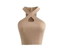 KOEMCY Crop Tops for Women Crisscross Halter Tank Tops for Women Sexy Summer Sleeveless Crop Tops Cropped Tank Tops (Khaki)