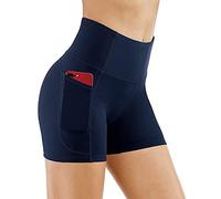 KOEMCY Gym Shorts for Women, High Waisted Yoga Shorts, Sports Running Shorts with 2 Side Pockets, Tummy Control Cycling Shorts for Running Yoga Workout Sport (Navy Blue, S)
