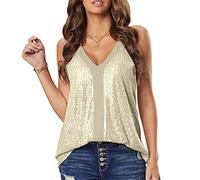 KOEMCY Vests Tops for Women Crop Tops Sexy Summer Sleeveless Backless Spaghetti Strap Cropped Sparkle Sequin Camisole Tank Tops (Apricot,M)