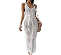 KOEMCY Women Beach Cover Ups Crochet Hollow Out Long Beach Coverup Sleeveless Side Split Beach Dress Beach Sarongs Swimwear Coverup (White)