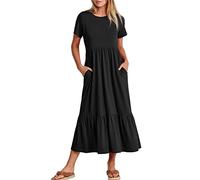KOEMCY Women's Casual Dress Summer Midi Maxi Dress Short Sleeve Round Neck Dresses High Waist Tiered A Line Beach Dresses Sun Dress Swing Dress with Pockets (Black,L)
