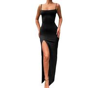 KOEMCY Womens Dresses Spaghetti Strap Long Dresses Sleeveless Sexy Bodycon Maxi Dress Split Evening Dress Pencil Low Cut Cami Dress Party (Black,L)