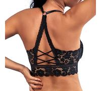 KOEMCY Women's Lace Bralette Sexy Wireless Push Up Seamless Harness Lifting Bra Bandeau Top Criss Cross Back V Neck Thin Cup Crop Tops Bustier for Everyday Wear (Black,M)
