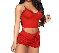 KOEMCY Womens Lace Pajama Set Sexy V Neck Cami Top Sleepwear Sling Sleeveless Tank Tops Crop Top and Shorts Lingeries Set (Red,L)