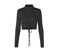 KOEMCY Women's Long Sleeve Shirt Half High-Neck Crop Top Blouse Ruched Drawstring Ripped Pullover Basic Slim Fit Tee Shirt Casual Tops (Black,S)