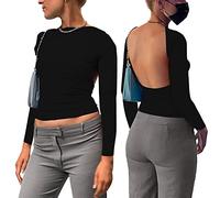 KOEMCY Womens Long Sleeve Top Backless Top Sexy Crop Tops Solid Multi Way Wear Tops Slim Fit Cut Out Shirt Y2K Fashion Tops Crewneck Casual Pullover (Black,S