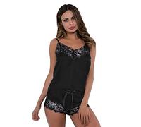 KOEMCY Women's Pajama Sets Lace Brim Sleepwear Sleeveless Cami Shorts Set Satin Lingerie Imitation Silk Nightwear 2 Piece Vest and Shorts (Black,S)