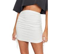 KOEMCY Women's Short Skirt Ruched Ribbed Knit Skirt Package Hip Skirt Sexy Bodycon Skirt High Waisted Skirt Plain Mini Pencil Skirt Party Club Skirts (White,L)
