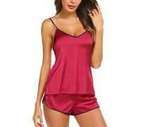 KOEMCY Women's Satin Pajamas Set Nightwear Sexy Lingerie Cami Pajamas Set Sling Sleeveless Tank Tops Silk Short Pants and Vest (Red,L)