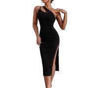 KOEMCY Women's Strapless One Shoulder Dresses Sexy Bodycon Maxi Dress with Side Slit Pencil Sleeveless Dresses Cocktail Club Party (Black,M)