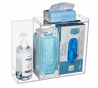 KOEMEHR Glove Box Holder with 3 Compartment, Acrylic Face Mask and Glove Holder Dispenser for Hair Nets, Shoe Cover, Hand Sanitizer Gel and Tissue Box, Wall Mounted or Countertop, Transparent