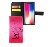 König Design Faux Leather Case for Apple iPhone X with Card Slots Protective Case with Stand Function Pink Be Happy