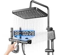 Koeutoze Shower Head and Hose Set, Shower System with LED, Shower Head rain Shower 27X17.5cm, Additional Nozzle and Faucet, Adjustable Shower Column with Mood Light, Height Adjustable 69-103cm (Gray)