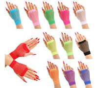 12 Pairs Short Fingerless Fishnet Gloves, Neon Party Gloves 80s Retro Fancy Dress Accessory for Kids Girls Dance Disco Costume Parties Supplies Accessories