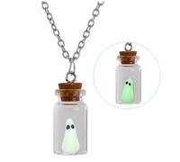 KOFISNI Ghost Necklace A Bottle Halloween Necklace Ghost in A Bottle Pendant Necklace Cute Ghost Pendant Necklace Glow In The Dark Ghost Necklace Halloween Jewelry for Women and Men, Stainless Steel