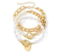 KOFISNI Layered Pearl Stretch Bracelets Set for Women Gold Pearl Stackable Bracelets Baroque Pearl Heart Charm Bracelet Pearl Bracelet Wedding Bracelets for Bridesmaids Brides Bridal Bracelet 3-4Pcs