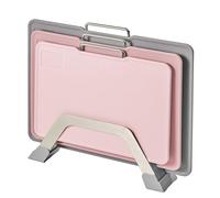 KOFRAND Plastic Cutting Boards with Grinding Area and Measurement, Cutting Boards for Kitchen Dishwasher Safe, Set of 3 with Holder, Non-Slip Design, Stainless Steel Handle, Pink