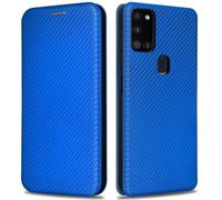 KOGENG Mobile Phone Case for Samsung Galaxy A21S Case with Wallet Card Slot RFID Blocking, Carbon Fibre Texture Magnetic Flip Case Protective Cover for Samsung A21S 5G Case Cover (Blue)