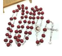 KOGMMYSEVP 6 * 7MM Religious Perfume Rosary Wood Scented Rosary Jerusalem Cross With Madonna Medallion,Containing Soil [Red,M]