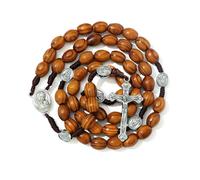 KOGMMYSEVP Brown Wooden Rosary with Soil Jesus Cross Our Lady Alloy Braided Rope Necklace Religious Jewelry Men and Women [RN-214,18inches]