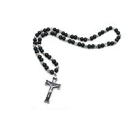 KOGMMYSEVP Classic Religious Rosary Necklace for Men Christianity Cross Prayer White Black Wooden Beads Silver for Engagement Alloy [Black]