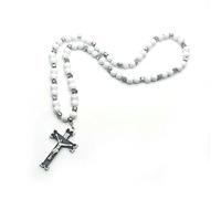 KOGMMYSEVP Classic Religious Rosary Necklace for Men Christianity Cross Prayer White Black Wooden Beads Silver for Engagement Alloy [White]