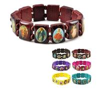 KOGMMYSEVP Elastic Stretchable Wooden Small Panel Bracelet with Images of Religious Saints Jesus and Rosary Christian Wood Made Designs [Purple Religious Saints Jesus,18.5cm]