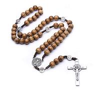 KOGMMYSEVP Handmade Wooden Resin Crucifix Rosary Beads Chain Pendant Necklace Colorful Love Heart Catholic Virgin Mary Jesus Necklace for Women Men Religious Lord Praying Jewelry