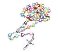 KOGMMYSEVP Handmade Wooden Resin Crucifix Rosary Beads Chain Pendant Necklace Colorful Love Heart Catholic Virgin Mary Jesus Necklace for Women Men Religious Lord Praying Jewelry