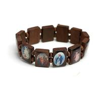 KOGMMYSEVP Images Religious Saints Jesus and Rosary Christian Wood Made Designs Elastic Stretchable Wooden Small Panel Bracelet [dark brown,CLASSIC]