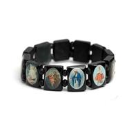 KOGMMYSEVP Images Religious Saints Jesus and Rosary Christian Wood Made Designs Elastic Stretchable Wooden Small Panel Bracelet [Black,CLASSIC]