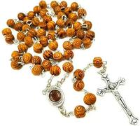 KOGMMYSEVP Olive Wood Beads Rosary Hand Carved Bean Necklace Jerusalem Holy Soil Medal&Cross Crucifix Pray Necklace [1 trend,20inches]