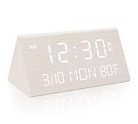 Kogonee Wooden Digital Alarm Clock, 0-100% Dimmer, 2 Alarm Settings, Weekday/Everyday Mode, 9 Mins Snooze, 12/24H, Temperature and Date Display for Office, Travel, Bedroom Alarm Clock (White)