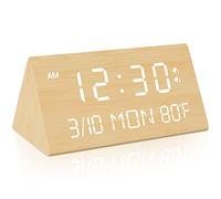 Kogonee Wooden Digital Alarm Clock, 0-100% Dimmer, 2 Alarm Settings, Weekday/Everyday Mode, 9 Mins Snooze, 12/24H, Temperature and Date Display for Office, Travel, Bedroom Alarm Clock (Bamboo)