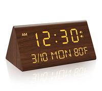 Kogonee Wooden Digital Alarm Clock, Brightness Adjuster 0-100%, 2 Alarms, W aily Mode, 9-Minute Repetition, Temperature and Date Display for Office/Travel
