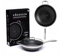 Kohersen Wok Pan with Lid, Oven-Safe, Dishwasher Safe, with Black Cube Non-Stick Coating, for Induction, Gas Hob, Electric Hob, Made of Stainless Steel and Aluminium, 5.1 L, Diameter 32 cm