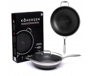 Kohersen Wok Pan with Lid, Oven-Safe, Dishwasher Safe, with Black Cube Non-Stick Coating, for Induction, Gas Hob, Electric Hob, Made of Stainless Steel and Aluminium, 5.1 L, Diameter 32 cm