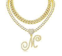 KOHOTA Cursive Silver Initial Pendant Necklace for Women Miami Cuban Link Chain Layered Heart Shape Bling Diamond Iced Out Chain Pendant Necklace Hip Hop Jewelry Gift 2PCS Chains, Metal, Cubic