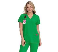 KOI Betsey Johnson 3-Pocket V-Neck Freesia Scrub Top for Women, Lucky Green, M
